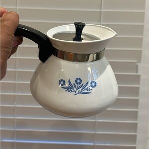 Corningware White Ceramic Coffee Pot with Blue Floral Motif